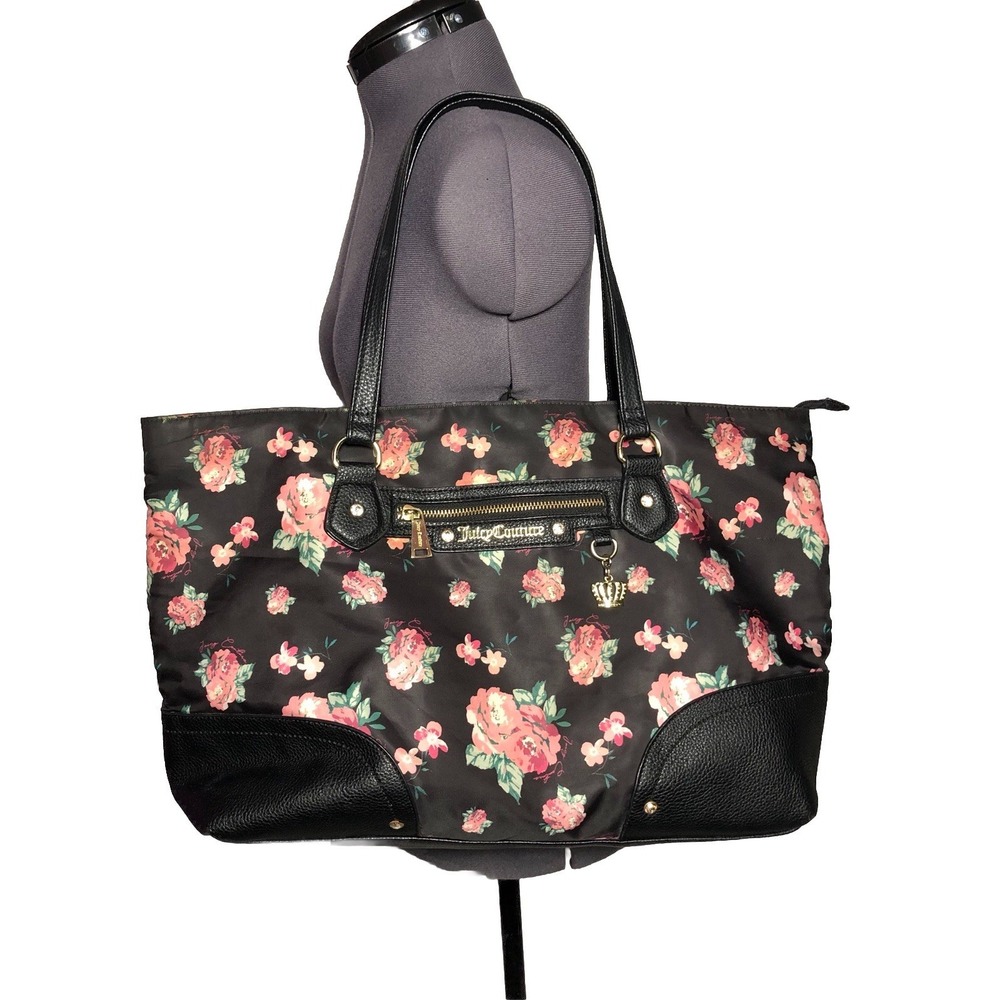 Vtg Y2K Juicy Couture‎ Floral Tote Boho Black Pink Roses Crown Charm Bag DAMAGED